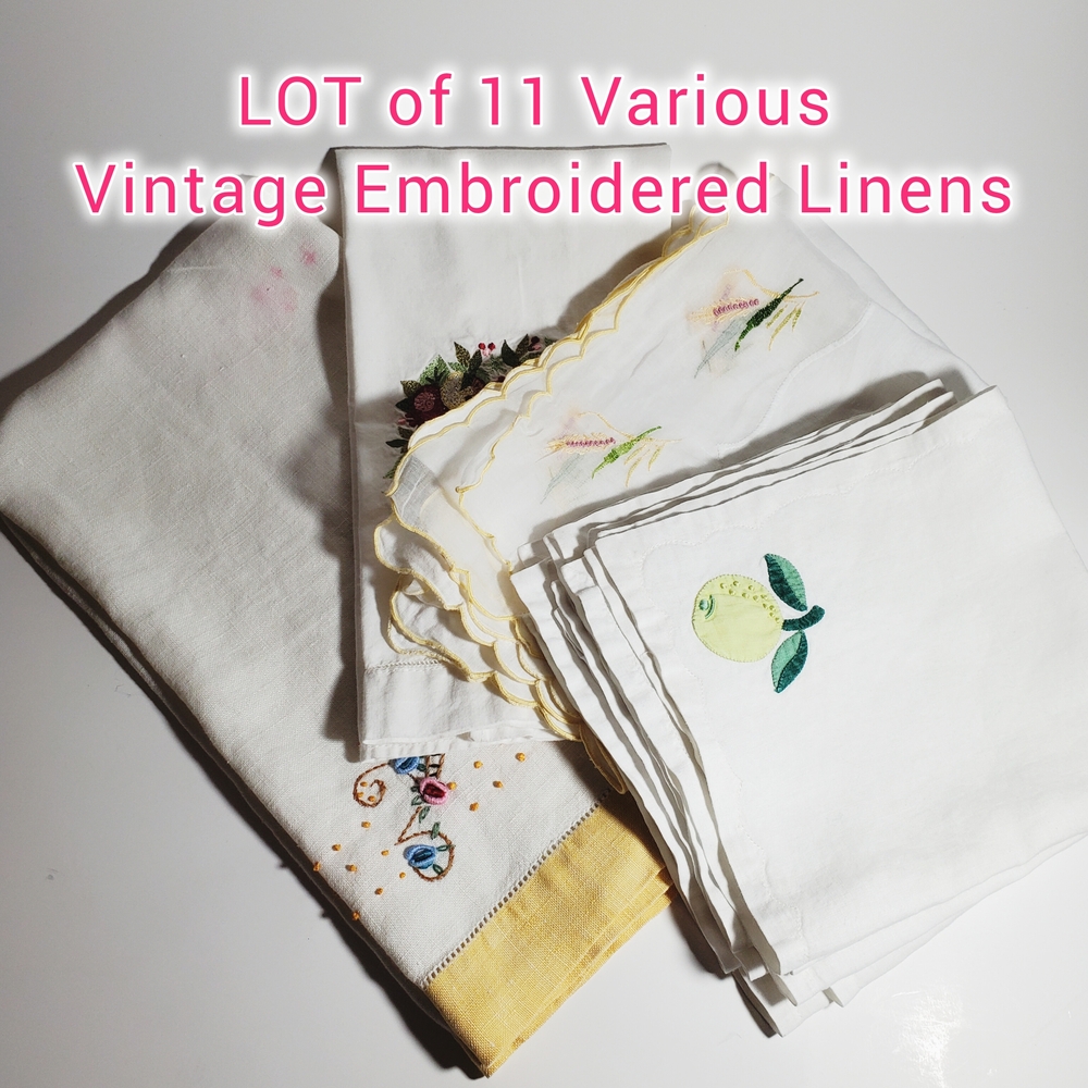 LOT of (11)  Vintage Embroidered Cocktail Napkins, Kitchen Towels & Tea Towels